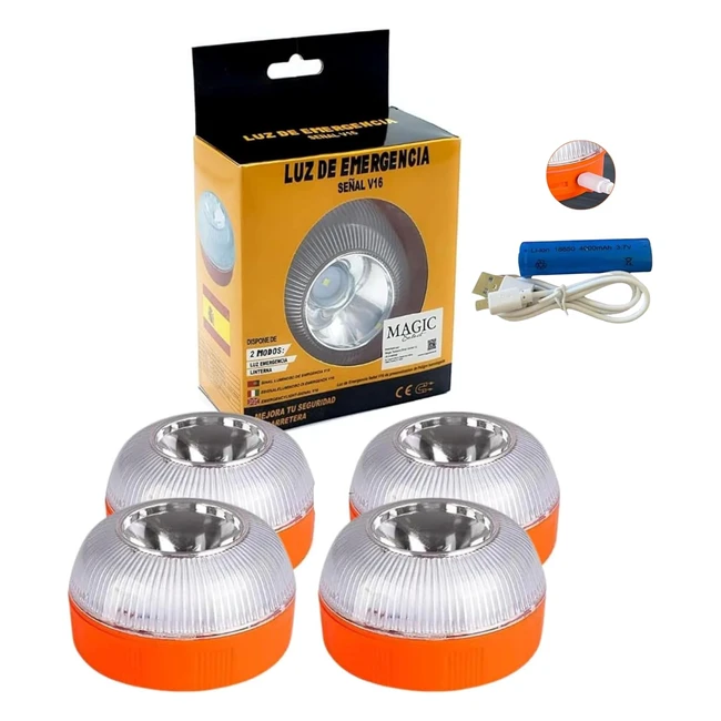4x Luz de Emergencia V16 Homologada DGT Coche Moto Amarilla Intermitente Blanca Fija Base Imantada Batería Recargable