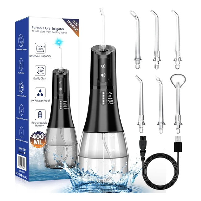 Irrigador Bucal Portatil Profesional con 6 Boquillas 5 Modos 400ml IPX7 Impermeable