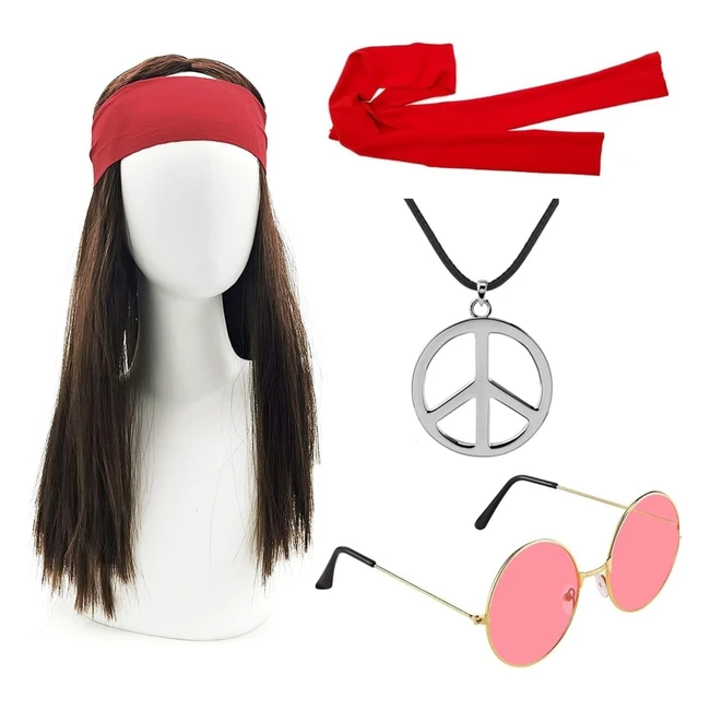 Costume Hippie Izoel con Parrucca, Occhiali da Sole e Accessori Anni '60/'70 - Adatto per Carnevale e Halloween Uomo