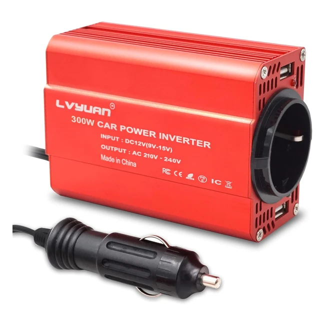 Inversor de Corriente 300W para Coche - Transformador 12V a 220V - 1 Toma Enchufe y 2 Puertos USB 5V 2.4A - Phone Pad Tablet
