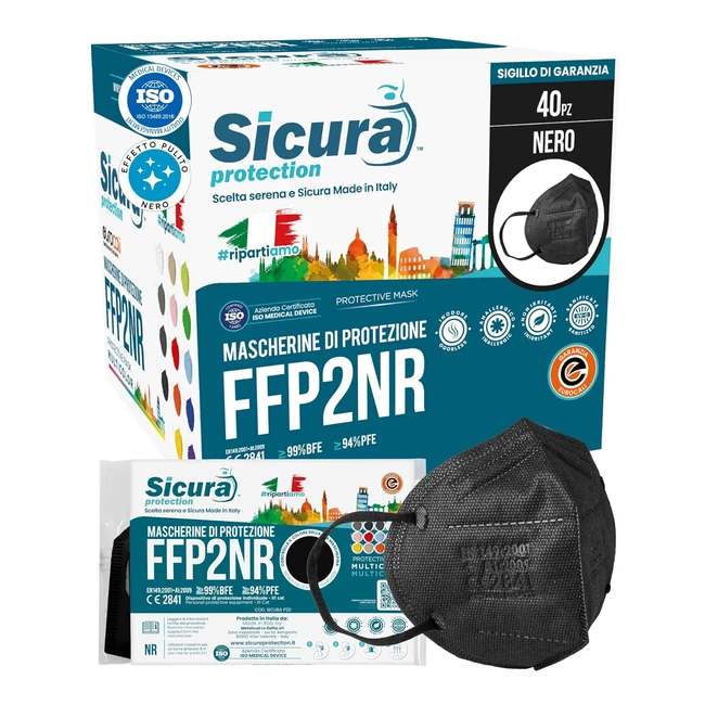 Mascherine FFP2 CE Nere BFE 99 - Made in Italy - Elastici Neri - Logo Sicura - Ref. 40