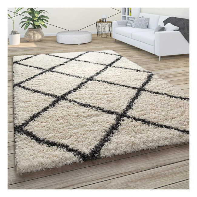 Paco Home Hochflor Teppich Soft Wohnzimmer Shaggy Skandinavischer Stil Diamantmuster
