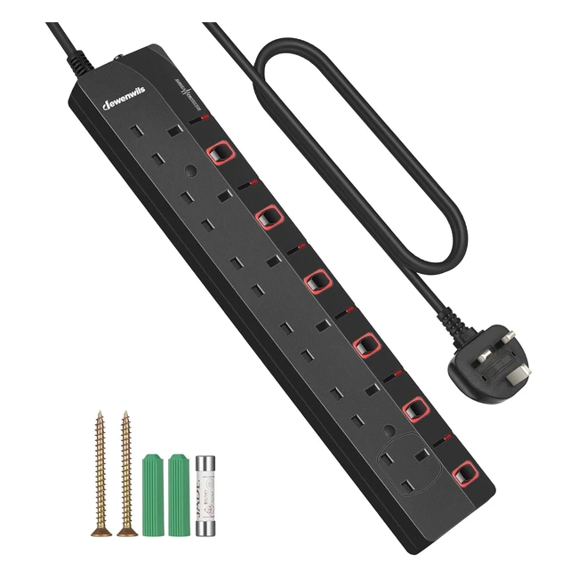 dewenwils 6 Way Surge Protected Extension Lead 3m 13A 6 Gang Power Strip Black