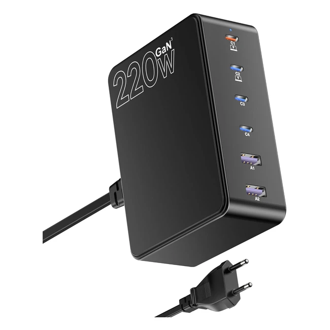 Caricatore USB C 220W Ssouwao Gan con 6 Porte USB-C e USB-A - Rapida Ricarica per Laptop iPhone iPad Galaxy