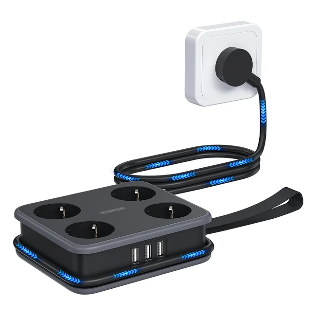 Multiprise électrique USB 4 prises NTONPOWER 2500W avec 3 ports USB - Sécurité enfants - Montage mural - Support mural noir