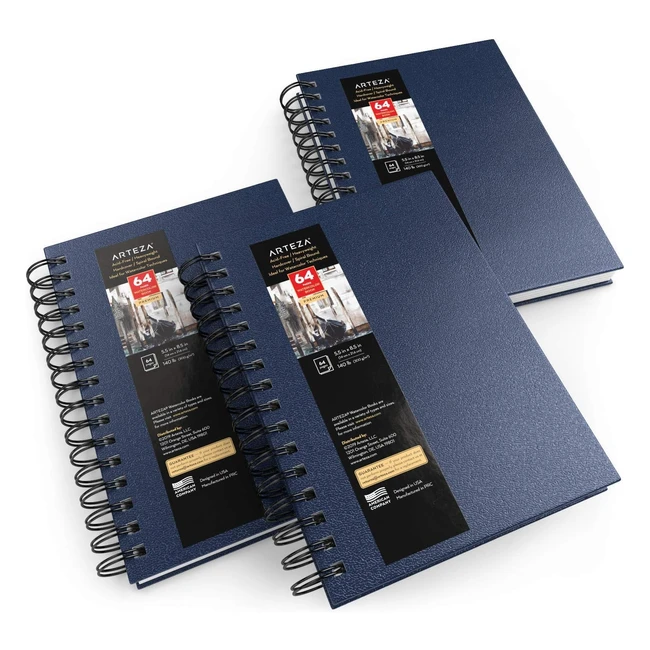 Arteza Watercolor Sketchbooks 55x85inch 3Pack Blue Hardcover Journal 96 Sheets 140lb300gsm Watercolor Paper Pad