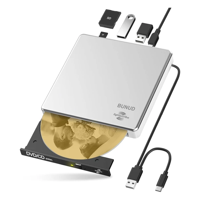 Lightscribe External CD DVD Drive USB 3.0 Type-C Portable CD Burner DVD Reader - SDTF Slot - 2 USB - Slim Aluminum Alloy - Wide Compatibility
