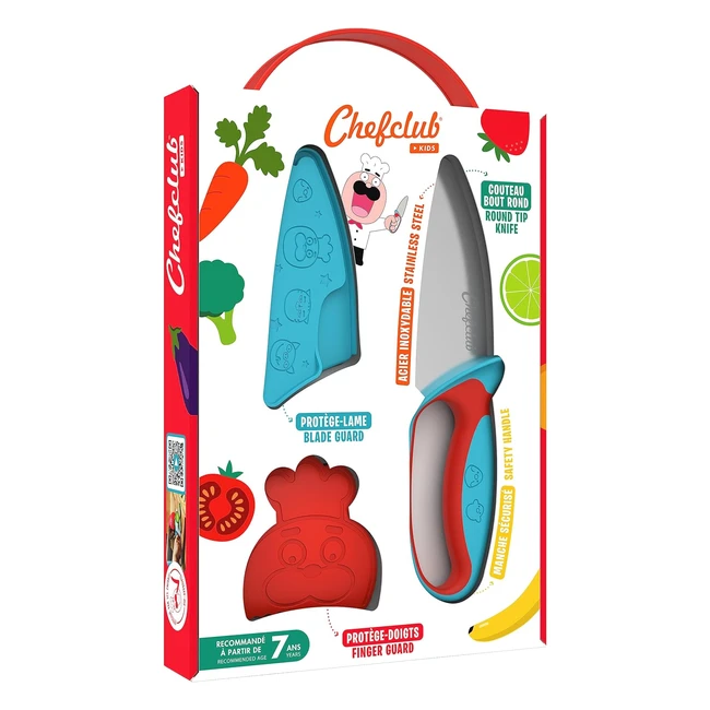 Kinder Kochmesser Chefclub mit Fingerschutz, Klingenschutz und ergonomischem Griff blau und rot
