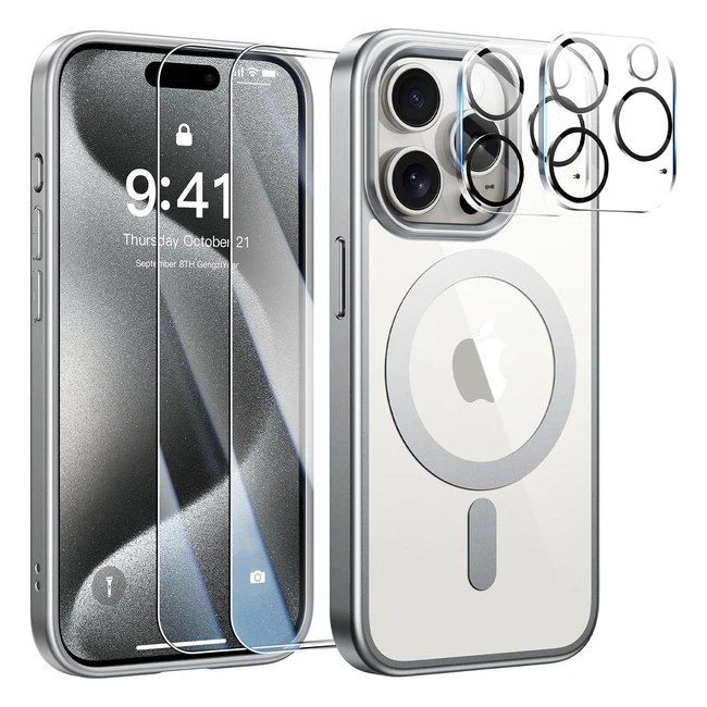 Coque magnétique 5 en 1 pour iPhone 15 Pro avec verres trempés et caméra protecteur - Magsafe - Blanc