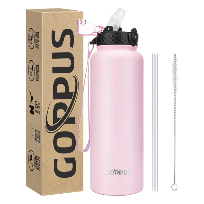Goppus 12L40oz Stainless Water Bottle with Straw | Double Wall Steel | Leakproof | Hot Thermal Flask