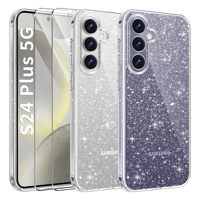 Aroyi 3 in 1 Clear Glitter Case for Samsung Galaxy S24 Plus 5G with 2 Tempered Glass Screen Protector