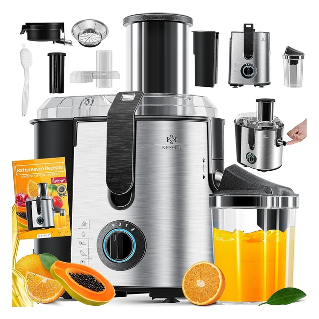 Kesser Entsafter Obst Gemüse Edelstahl 1100W 85mm Einfüllöffnung Reinigungsbürste Saftbehälter 3 Geschwindigkeitsstufen Silber