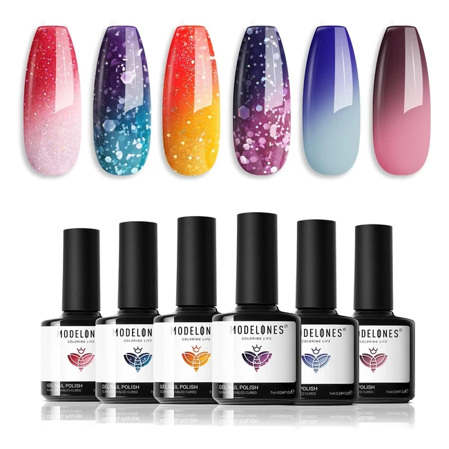 Modelones Color Changing Gel Nail Polish Set - 6 Colors Pink Glitter Blue Purple - Soak Off Summer Neon DIY Salon Manicure