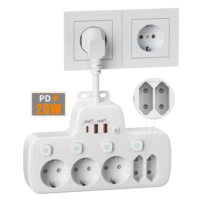 Ciabatta Multipresa PD20W con Interruttori Indipendenti USB e QC18W - Protezione Sovratensione
