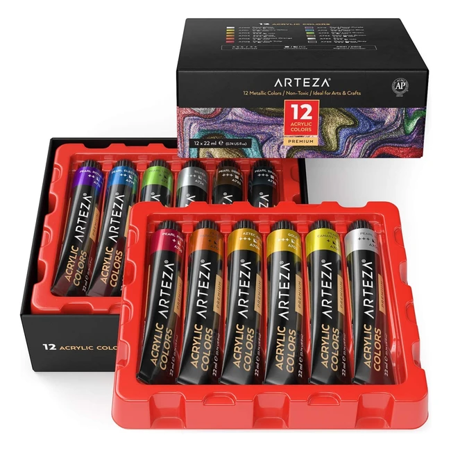 Arteza Metallic Acrylic Paint 12 Colors 22ml Tubes - Rich Pigments Non Fading Non Toxic