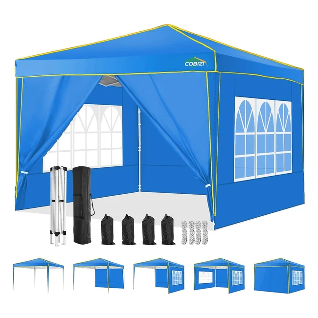 Tonnelle Cobizi 3x3cm Tanche Stable Résistante Pliable 4 Panneaux Latéraux 100% Étanche Anti-UV Portable Haut de Gamme Bleu