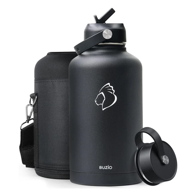 Buzio Stainless Steel Water Bottle 2L 64oz - Keeps Cold 48 Hrs, Hot 24 Hrs - Double Wall Vacuum Insulated - BPA Free - Leak Proof - Black