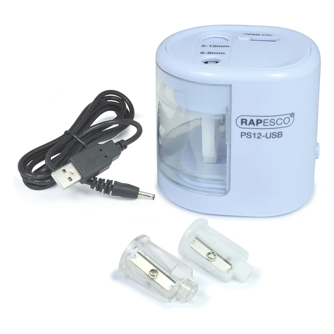Sacapuntas Eléctrico Rapesco 1447 PS12 USB Celeste - Doble Orificio y Hojas de Acero