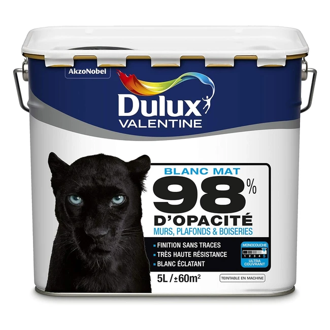Peinture Dulux Valentine 98 Blanc Mat 5L - Murs, Plafonds, Boiseries