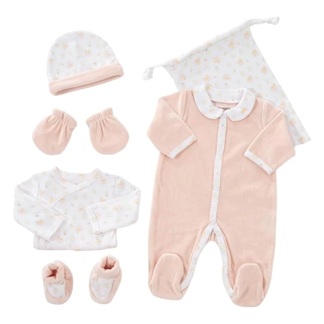 Kit Naissance Bébé 6 Pièces Pyjama Body Bonnet Moufles Chaussons - OkeoTex - Motif Arc en Ciel - Rose