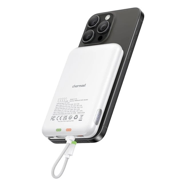 Charmast Portable Charger 10000mAh UltraCompact 20W PD Fast Charging Power Bank with Built-in Cable for iPhone Samsung White