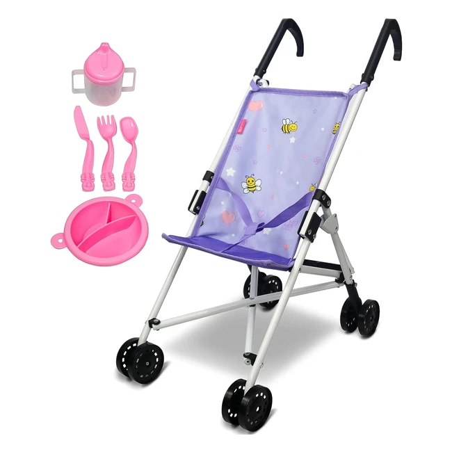 Anivia Carrozzina per Bambole Rosa - Passeggino Giocattolo con Utensili da Cucina