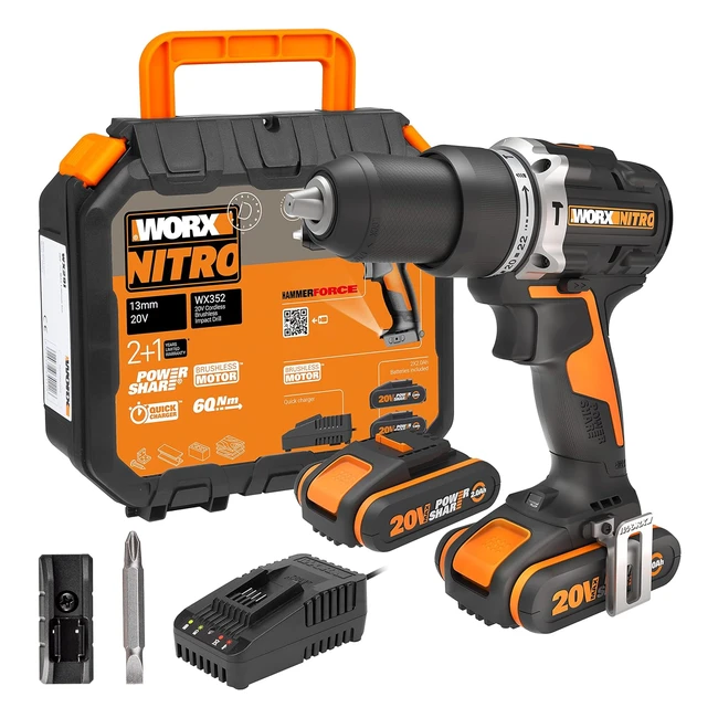 Worx Nitro WX352 Akkuschlagbohrschrauber Set 20V bürstenloser Motor 60Nm 2-Gang-Getriebe LED-Licht inkl. 2x 20V 2Ah Akkus