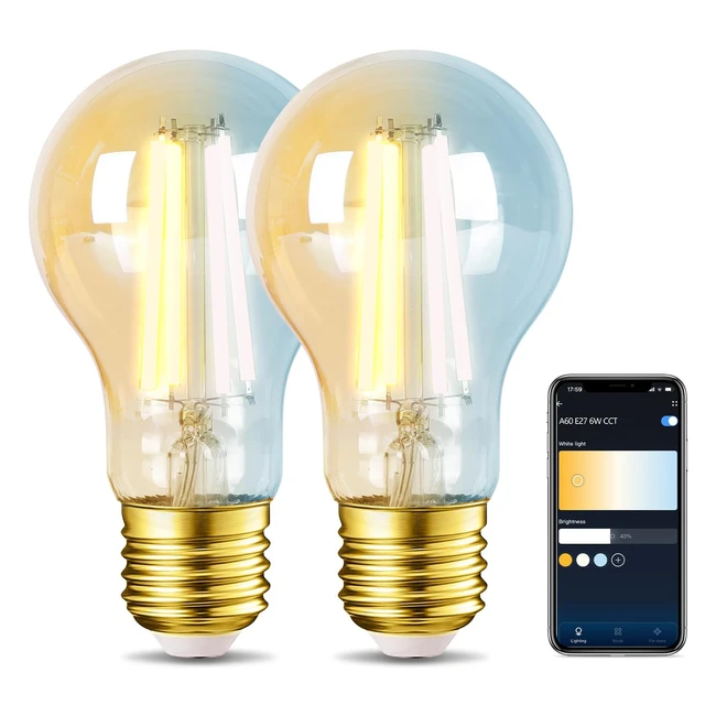 Aigostar Edison Ampoule Connectée Alexa E27 6W LED Vintage WiFi A60 Ambre 2 Units