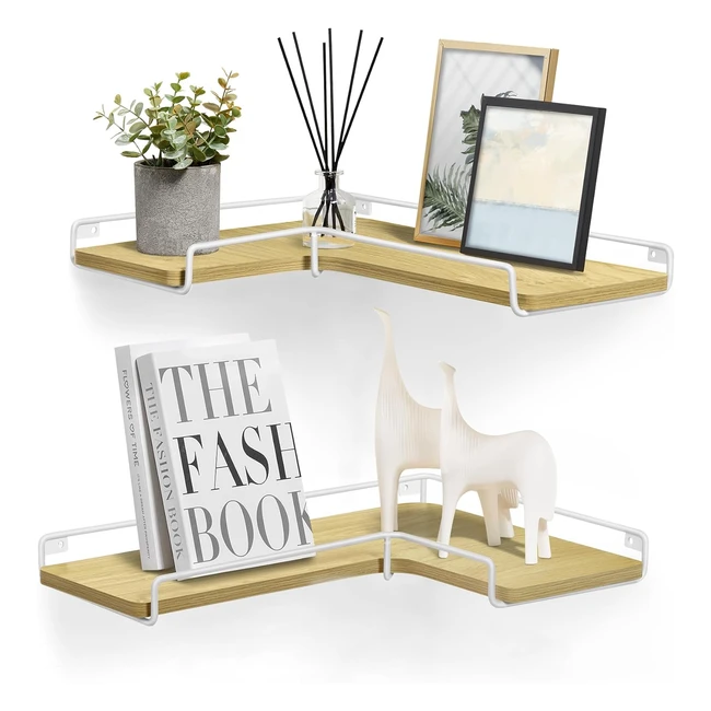 VASAGLE Floating Shelves Set of 2 L-Shaped Corner Shelves - Industrial Style for Living Room Bedroom Kitchen - Natural Oak and Cloud White - LLS831Y70