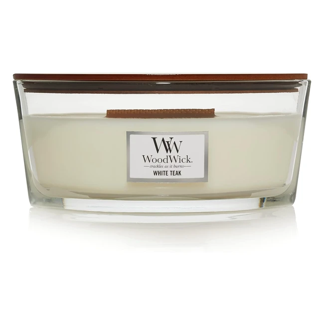 Candela Profumata Woodwick Teak Bianco Large - Fino 50 Ore - Stoppino Scoppiettante