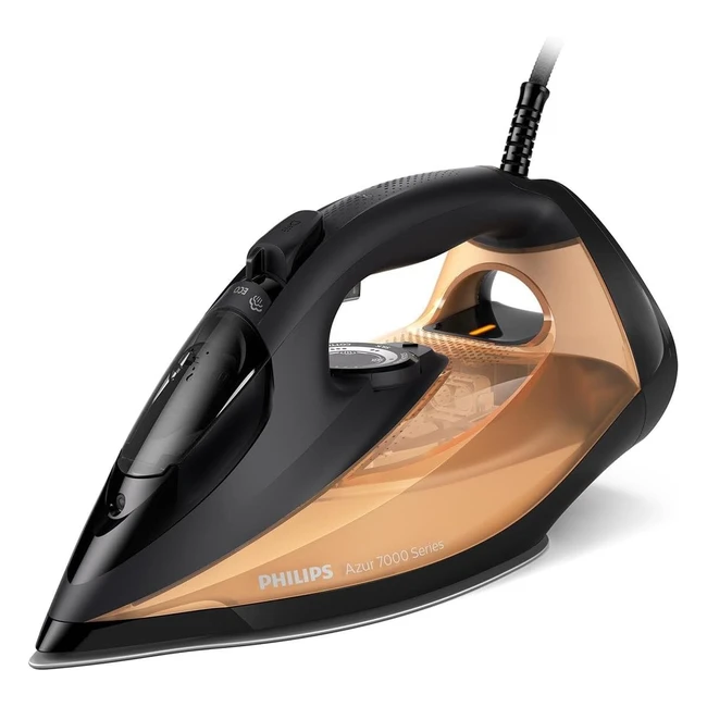 Philips Azur Série 7000 Fer à Vapeur 2800W - Vapeur Continue 50 g/min - 250 g de Vapeur en Plus - Vapeur Verticale - Semelle SteamGlide Elite - Noir/Or DST704080