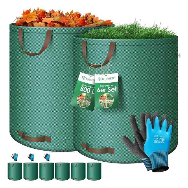 Kesser Gartensack 6 x 500 L Set Laubsäcke Gartenabfallsack inkl. Handschuhe selbststehend 4 Griffe stabil robust faltbar Laubsäcke Rasenschnitt Gartensäcke für Gartenabfall Grünschnitt