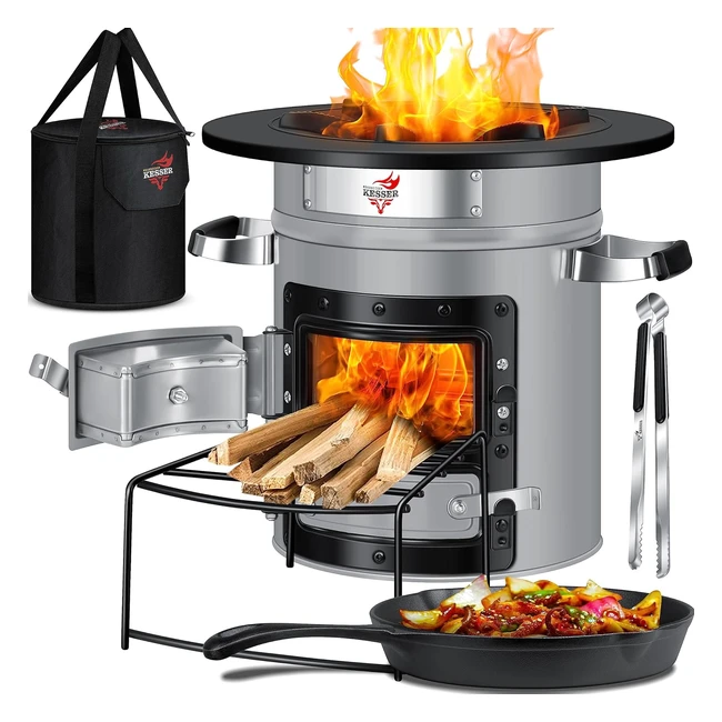Kesser Raketenofen mit Grillpfanne aus Gusseisen - inkl. Grillzange, Tragetasche, Dutch Oven - 6 integrierte Spikes - BBQ Rakete Holzofen Camping - Outdoorcampingkocher Campinggrill Edelstahl Grau