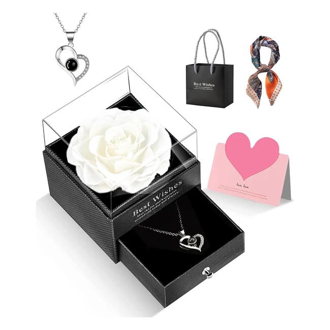 Regalo per Lei - Rosa Eterna con Collana I Love You - Compleanno Anniversario - Bianco