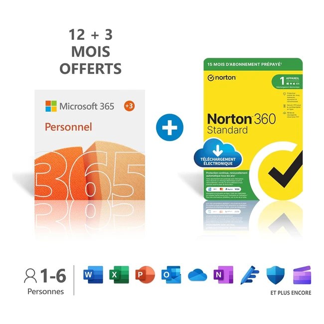 Microsoft 365 Personnel - Téléchargement PC ou Mac - 1 personne - 15 mois - Norton 360 Standard - 15 mois