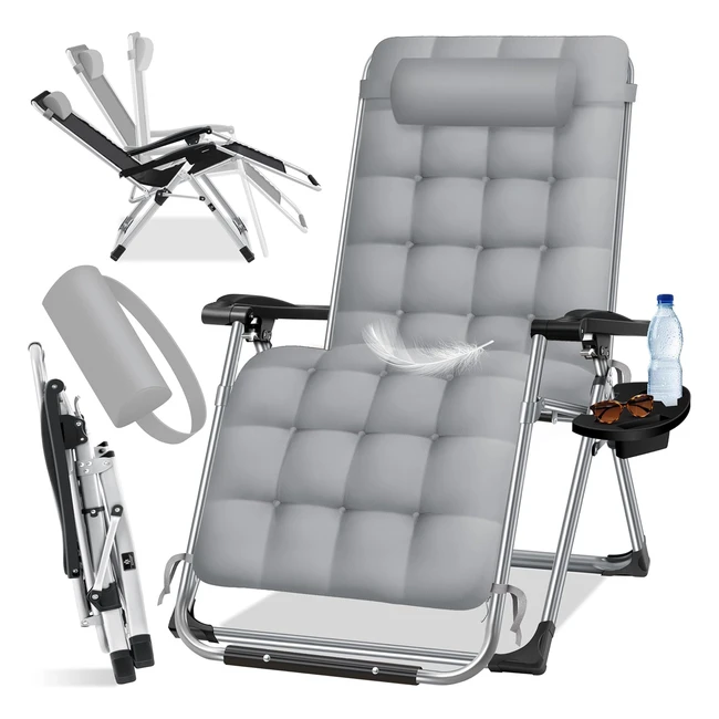 Kesser Sonnenliege Gartenstuhl klappbar wetterfest 200 kg belastbar ergonomische Kissen extra breit verstellbare Rückenlehne inkl. Nackenkissen und Getränkehalter grau