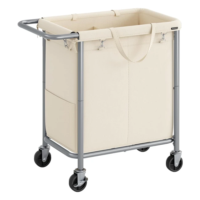 Songmics RLS004W01 Wäschekorb 2 Fächer 140 Liter Wäschewagen mit Rädern Wäschetrolley Wäschetasche abnehmbarer Stahlrahmen mit Griff geräumig 69 x 39 x 81 cm Creme Weiß