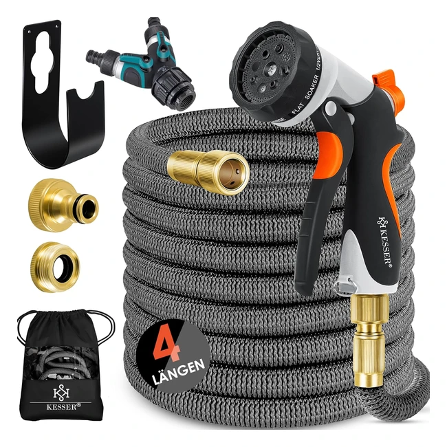 Kesser Tuyau d'arrosage flexible extensible 3 voies - Support mural - Raccords en laiton