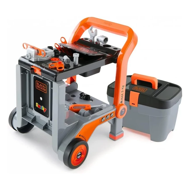 Black Decker Kids Workbench 3 in 1 Mobile Workshop Devil Workmate Wheelbarrow + 19 Accessories