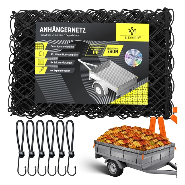 Kesser Anhänger Netz 15 x 22 m Feinmaschig mit Spannseil Netzkordel Container Netz zur Ladungssicherung Sicherheitsnetz Eckenmarkierungen Expanderhaken Montageknöpfe Schwarz