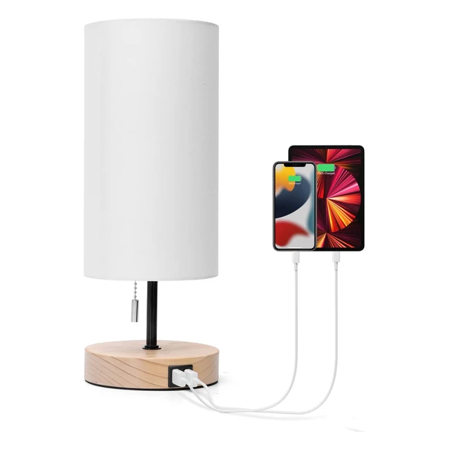 Lampe de Chevet Aigostar avec 2 Ports USB Charge Rapide - Interrupteur Tirette - Socle Bois - Blanc
