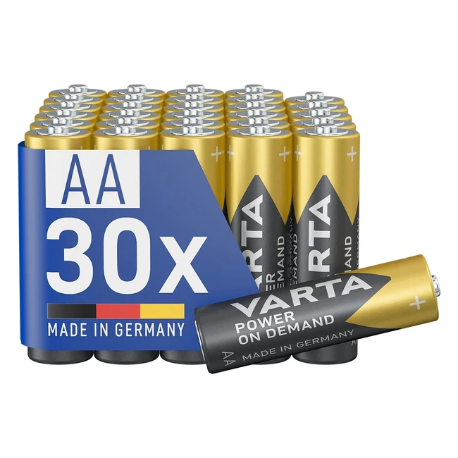 Lot de 30 piles AA Varta Power On Demand alcalines 1.5V - Stockage pour accessoires informatiques, smart home, lampes de poche - Made in Germany