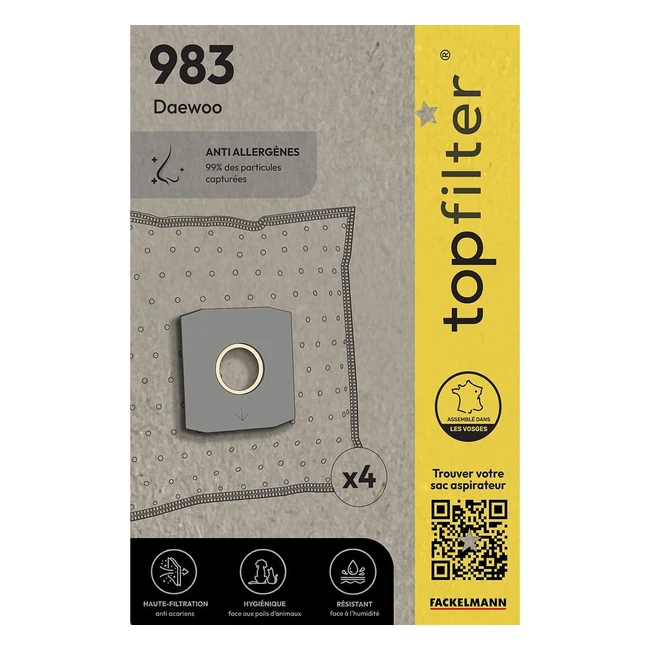 Lot de 4 sacs aspirateur Daewoo Topfilter 64983 - Accessoire aspirateur non tissé polypropylène