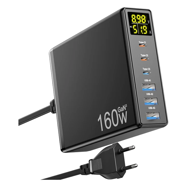 Caricatore Rapido USB C 160W GAN 6Port con Display LED Stazione di Ricarica Multipla