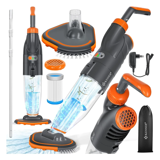 Kesser Pool Staubsauger mit Akku | Elektrischer Poolboden Staubsauger mit Teleskopstange | 36 m | Poolreiniger mit Filter und 2-Gang-System | Handstaubsauger Reinigungsset kabellos bis zu 15 m | Orange