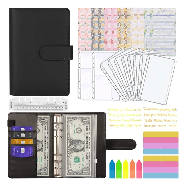 Portadocumenti in pelle A6 PU Maricato 29pcs - Raccoglitore ad 6 anelli con buste trasparenti - Budget Planner per lavoro e casa - Budget di contanti organizzatore nero