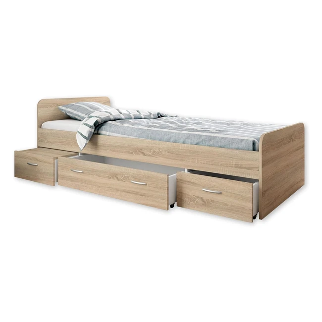Boro Modernes Einzelbett mit 3x Schubkästen 90x200 cm - Praktisches Jugendzimmer Kojenbett in Eiche Sonoma Optik