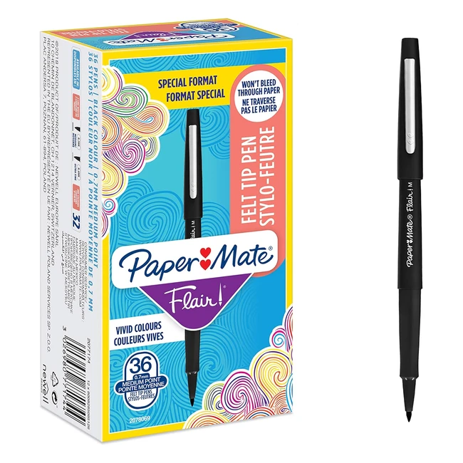Stylos Feutres Paper Mate Flair Noir 07mm - Lot de 36 - Pointe Moyenne