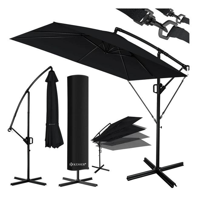 Kesser Holly Sonnenschirm rechteckig mit Abdeckung und Kurbel UV-Schutz Aluminium wasserabweisend Ø 350 cm Gartenschirm Marktschirm Schwarz