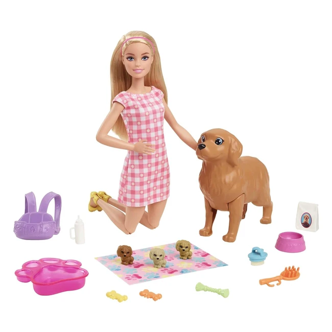 Barbie Naissance des Chiots - Coffret avec Poupée Articulée 1 Chienne et ses 3 Chiots - 29 cm